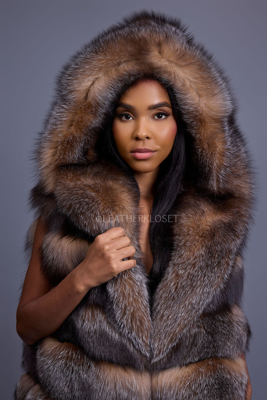 Women's Pippa Long Fox Fur Vest With Hood [Crystal]