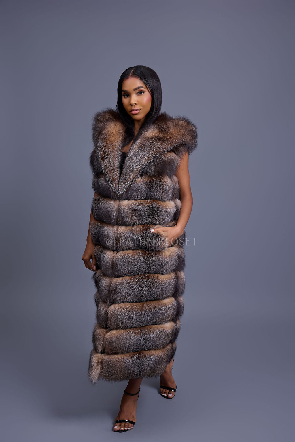 Women's Pippa Long Fox Fur Vest With Hood [Crystal]