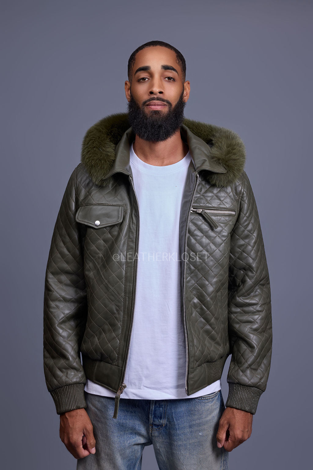 Men's Franklin Quilted Leather Bomber Jacket With Fox Hood [Olive]