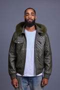 Men's Franklin Quilted Leather Bomber Jacket With Fox Hood [Olive]