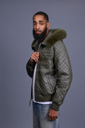 Men's Franklin Quilted Leather Bomber Jacket With Fox Hood [Olive]