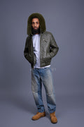 Men's Franklin Quilted Leather Bomber Jacket With Fox Hood [Olive]