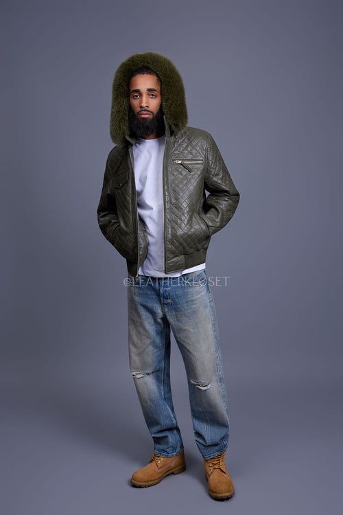 Men's Franklin Quilted Leather Bomber Jacket With Fox Hood [Olive]