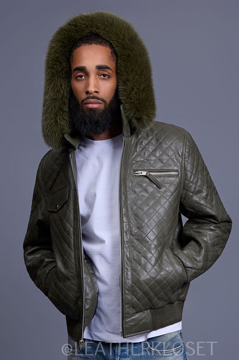 Men's Franklin Quilted Leather Bomber Jacket With Fox Hood [Olive]