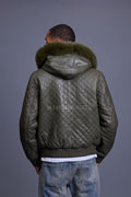 Men's Franklin Quilted Leather Bomber Jacket With Fox Hood [Olive]