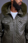 Men's Franklin Quilted Leather Bomber Jacket With Fox Hood [Olive]