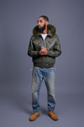 Men's Franklin Quilted Leather Bomber Jacket With Fox Hood [Olive]