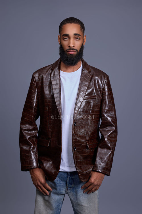 Men's Embossed Crocodile Leather Blazer [Brown]