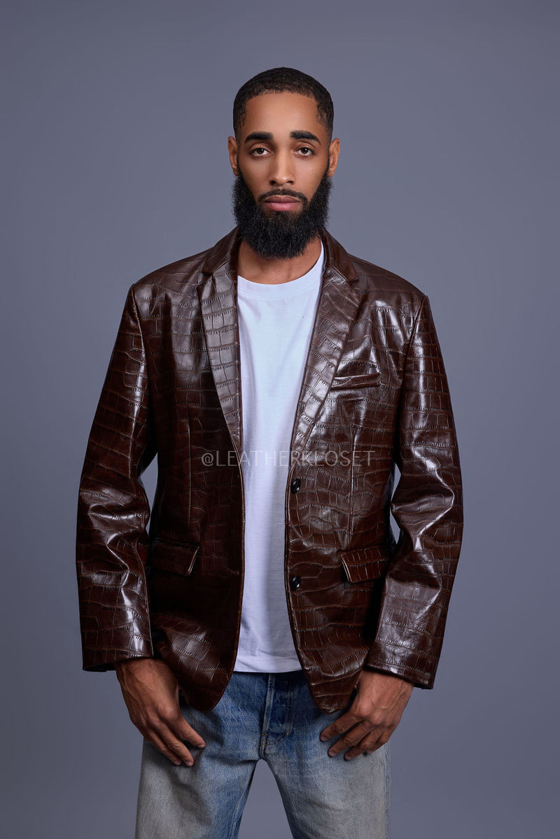 Men's Embossed Crocodile Leather Blazer [Brown]