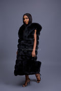 Women's Pippa Long Fox Fur Vest With Hood [Black]