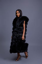 Women's Pippa Long Fox Fur Vest With Hood [Black]