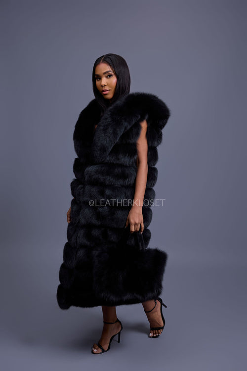Women's Pippa Long Fox Fur Vest With Hood [Black]