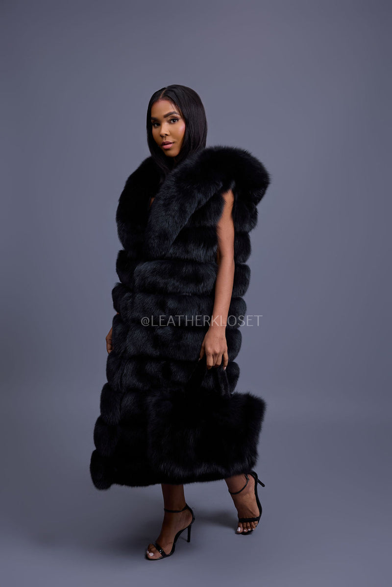 Women's Pippa Long Fox Fur Vest With Hood [Black]