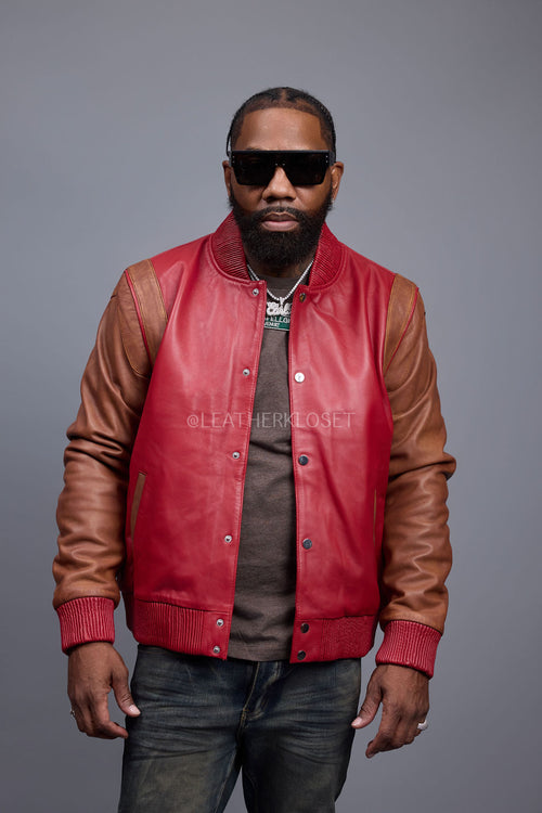 Men's Liam All-Leather Varsity Jacket [Red/Caramel Crunch]