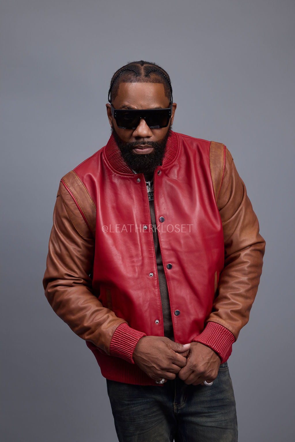 Men's Liam All-Leather Varsity Jacket [Red/Caramel Crunch]