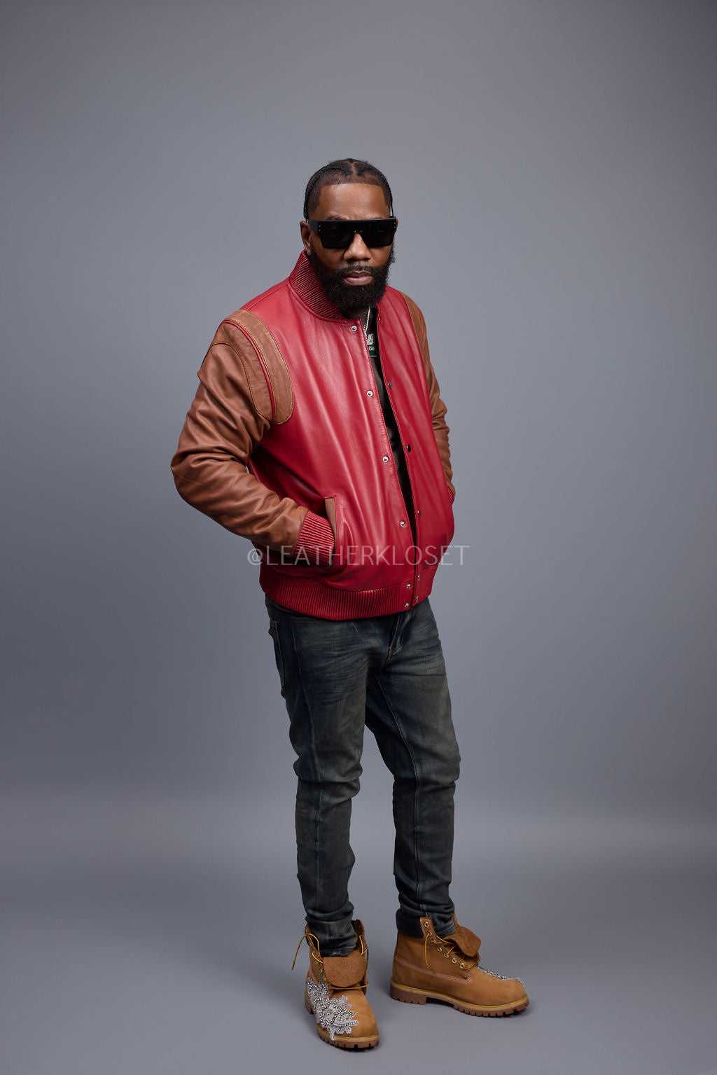 Men's Liam All-Leather Varsity Jacket [Red/Caramel Crunch]