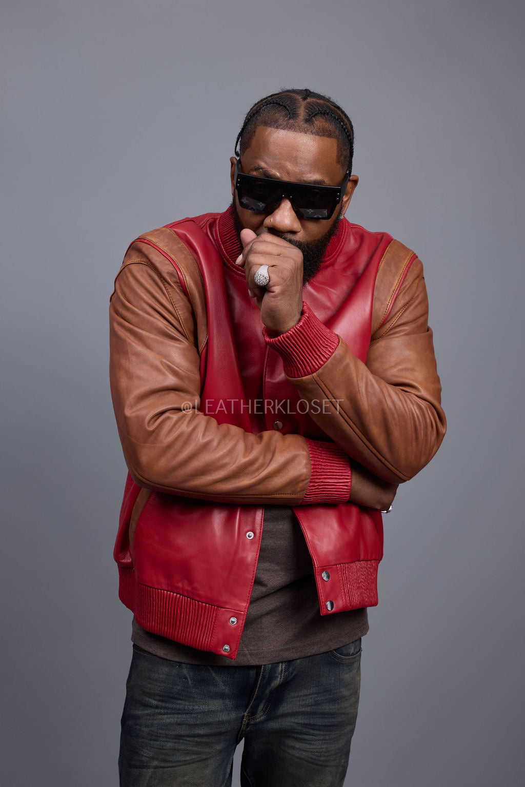 Men's Liam All-Leather Varsity Jacket [Red/Caramel Crunch]
