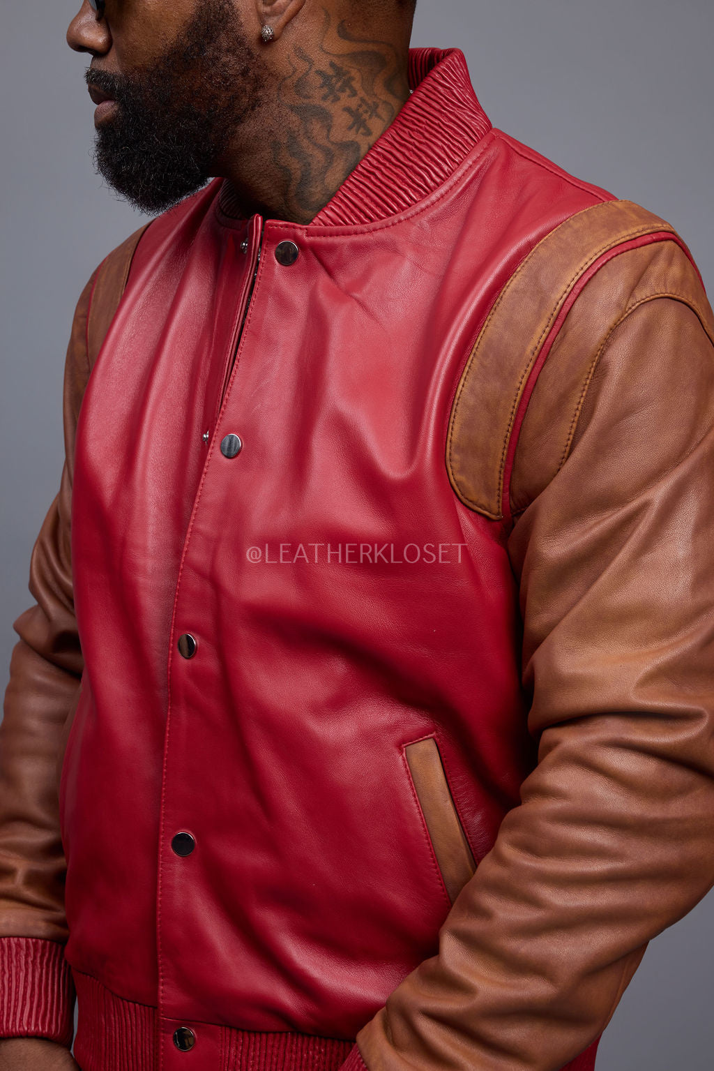 Men's Liam All-Leather Varsity Jacket [Red/Caramel Crunch]