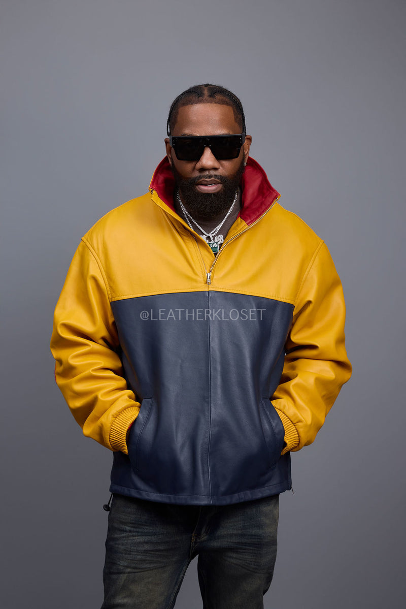 Men's Leather Half-Zip Pullover [Yellow/Navy/Red]