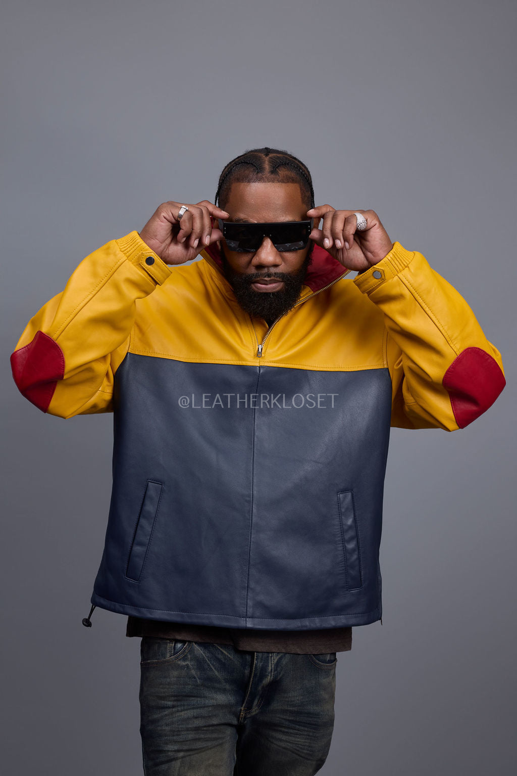 Men's Leather Half-Zip Pullover [Yellow/Navy/Red]