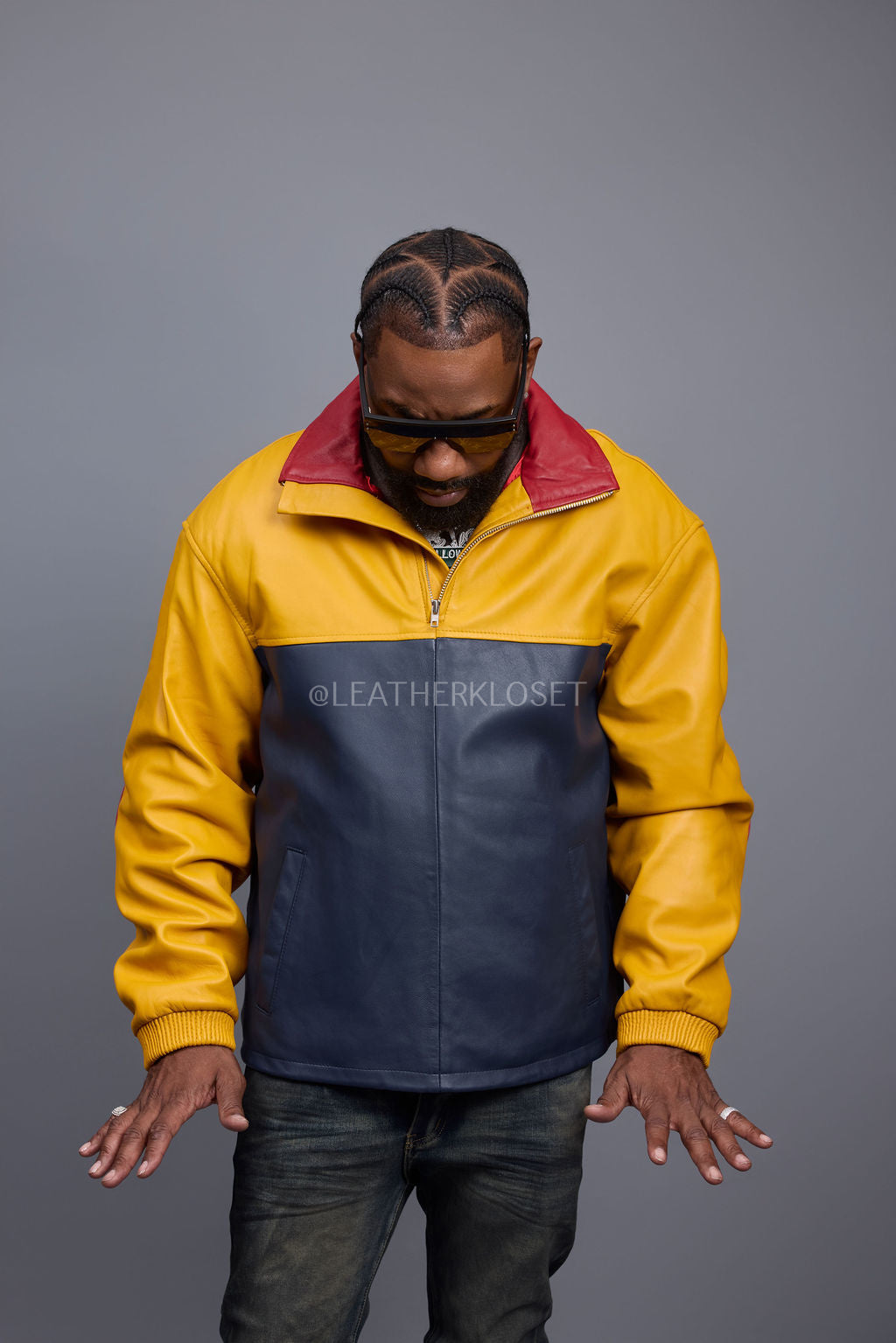 Men's Leather Half-Zip Pullover [Yellow/Navy/Red]