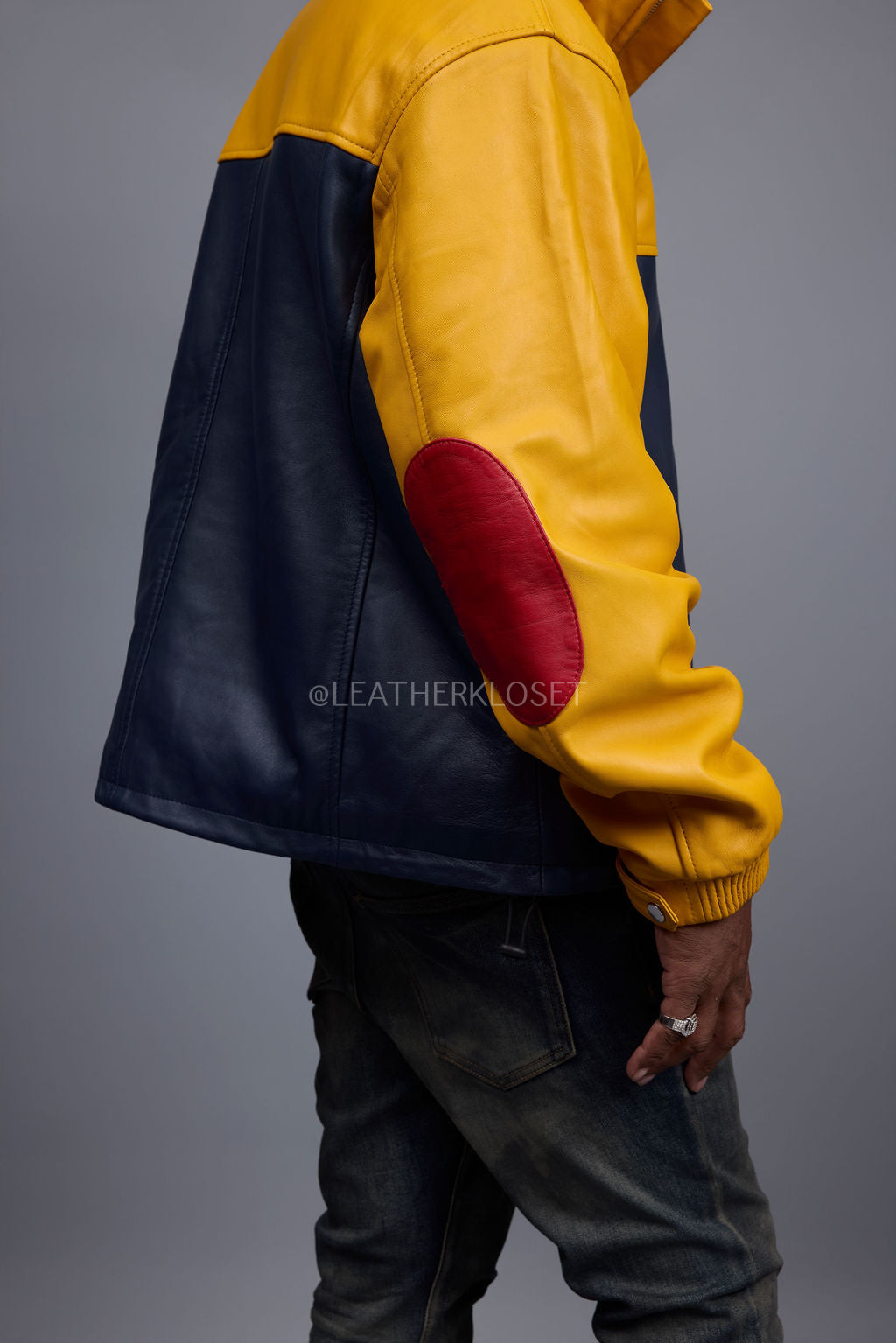 Men's Leather Half-Zip Pullover [Yellow/Navy/Red]