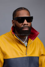 Men's Leather Half-Zip Pullover [Yellow/Navy/Red]