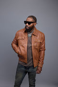 Men's Apollo Leather Fitted Bomber Jacket [Caramel Crunch]