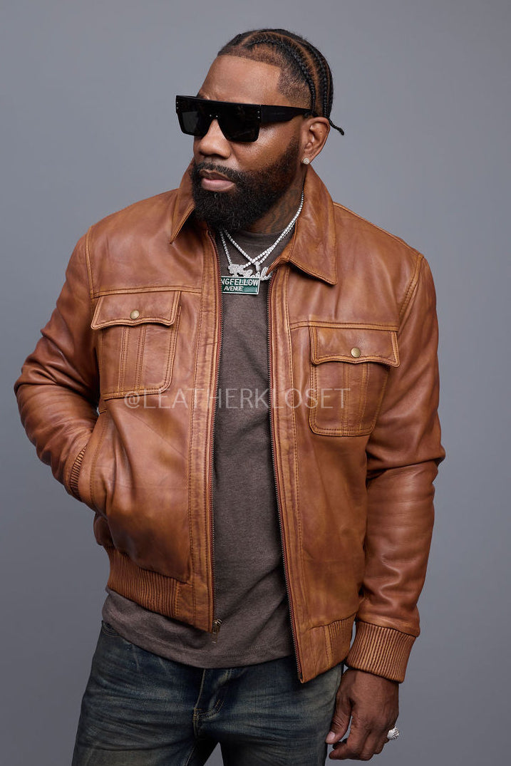 Men's Apollo Leather Fitted Bomber Jacket [Caramel Crunch]