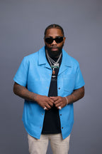 Men's Summer In Miami Luka Leather Short Sleeve Shirt [Aqua Blue]