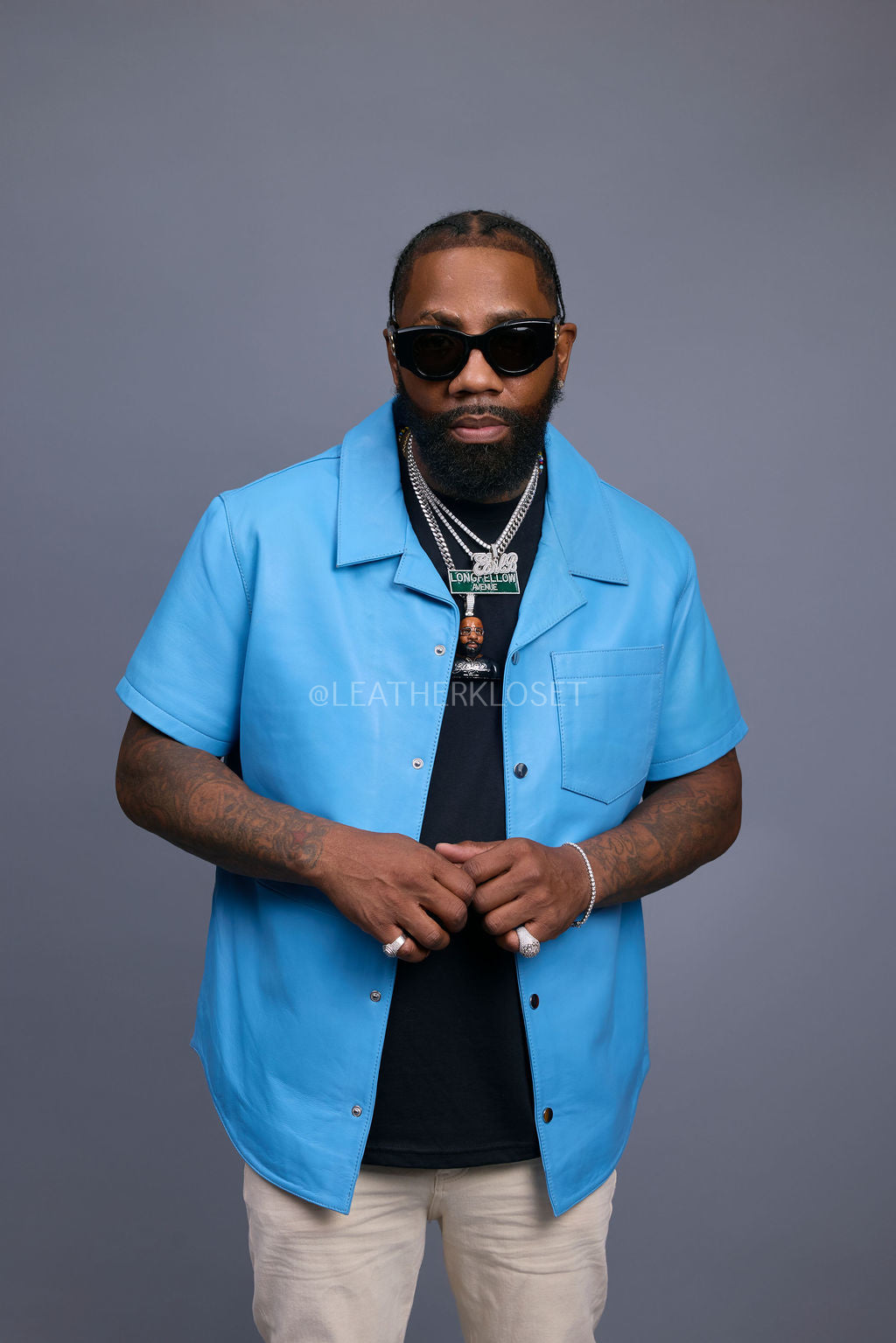 Men's Summer In Miami Luka Leather Short Sleeve Shirt [Aqua Blue]