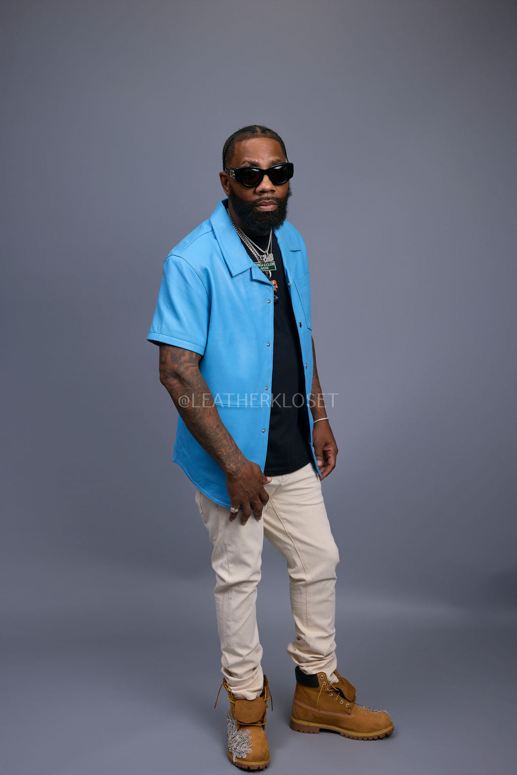 Men's Summer In Miami Luka Leather Short Sleeve Shirt [Aqua Blue]