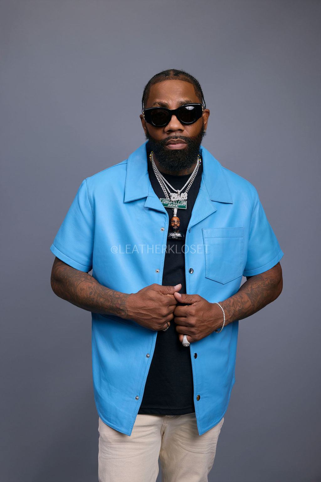 Men's Summer In Miami Luka Leather Short Sleeve Shirt [Aqua Blue]
