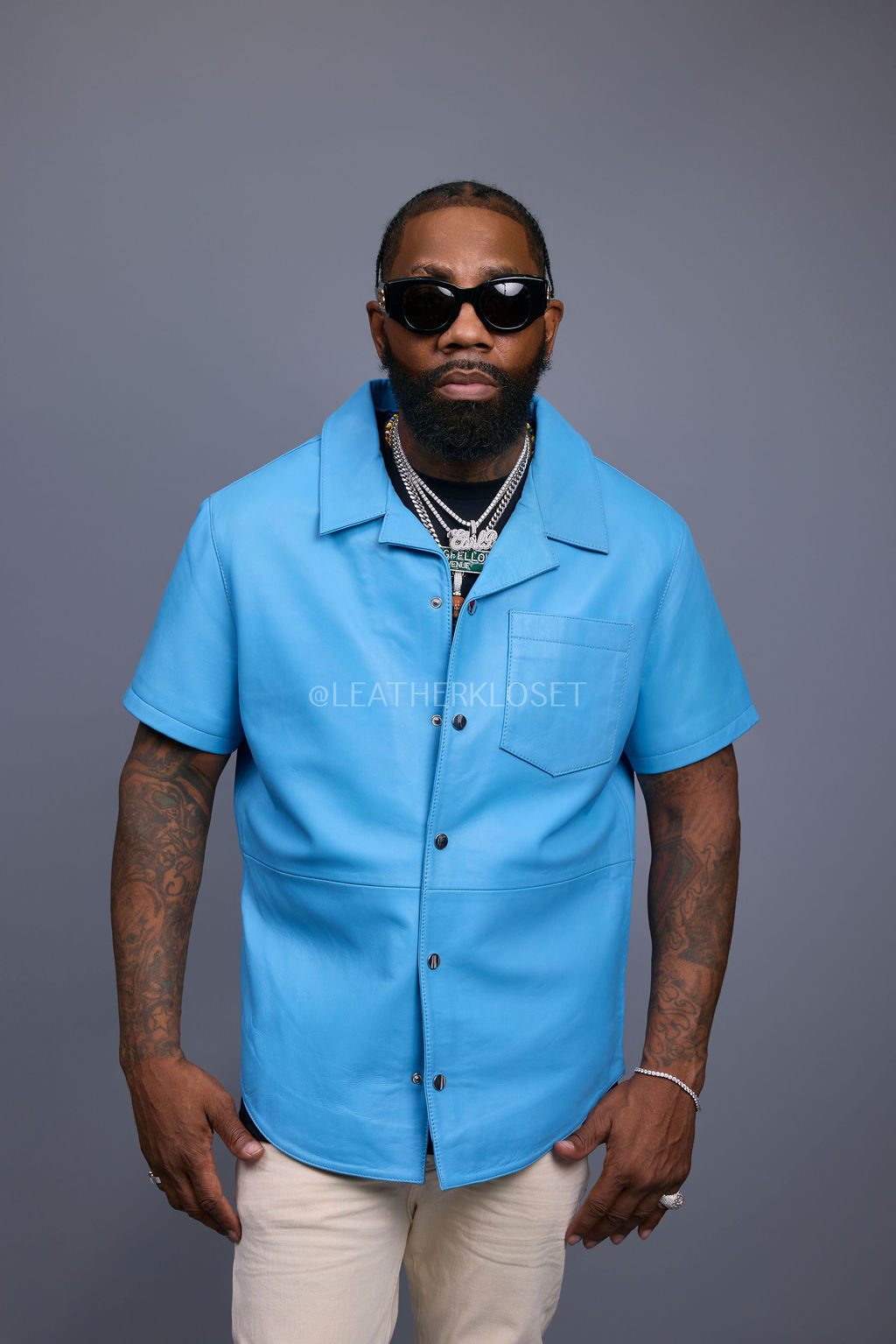 Men's Summer In Miami Luka Leather Short Sleeve Shirt [Aqua Blue]