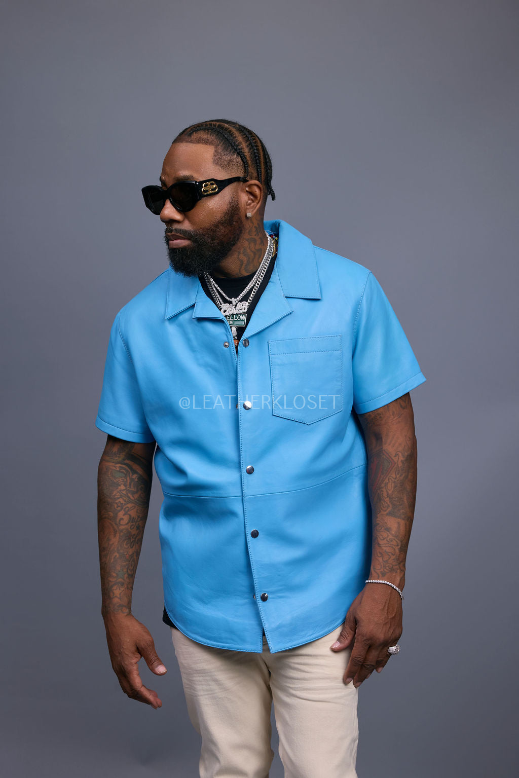 Men's Summer In Miami Luka Leather Short Sleeve Shirt [Aqua Blue]