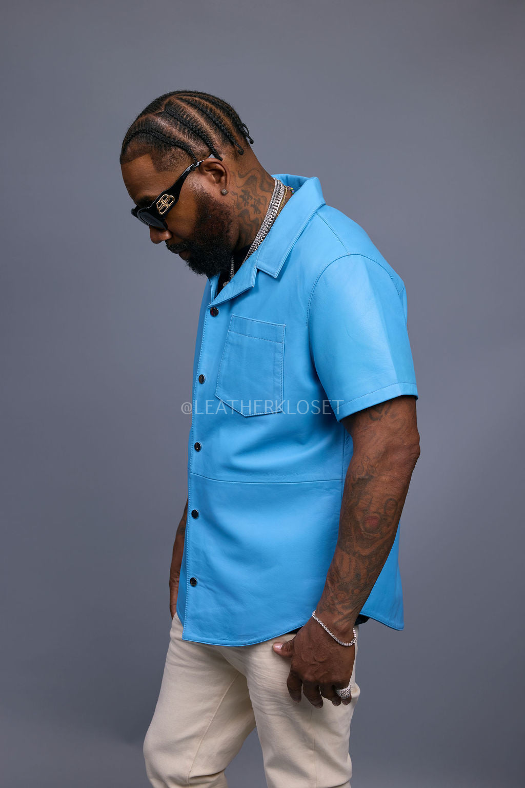 Men's Summer In Miami Luka Leather Short Sleeve Shirt [Aqua Blue]