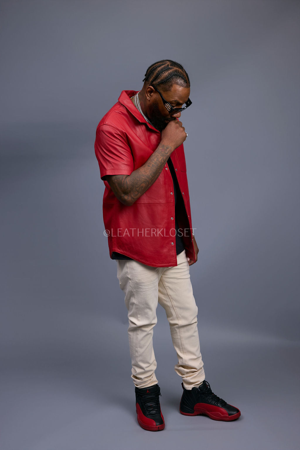 Men's Summer In Miami Luka Leather Short Sleeve Shirt [Red]