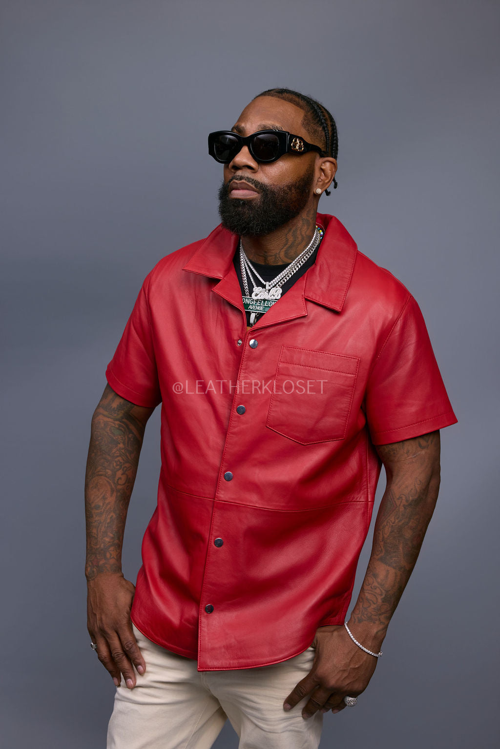 Men's Summer In Miami Luka Leather Short Sleeve Shirt [Red]