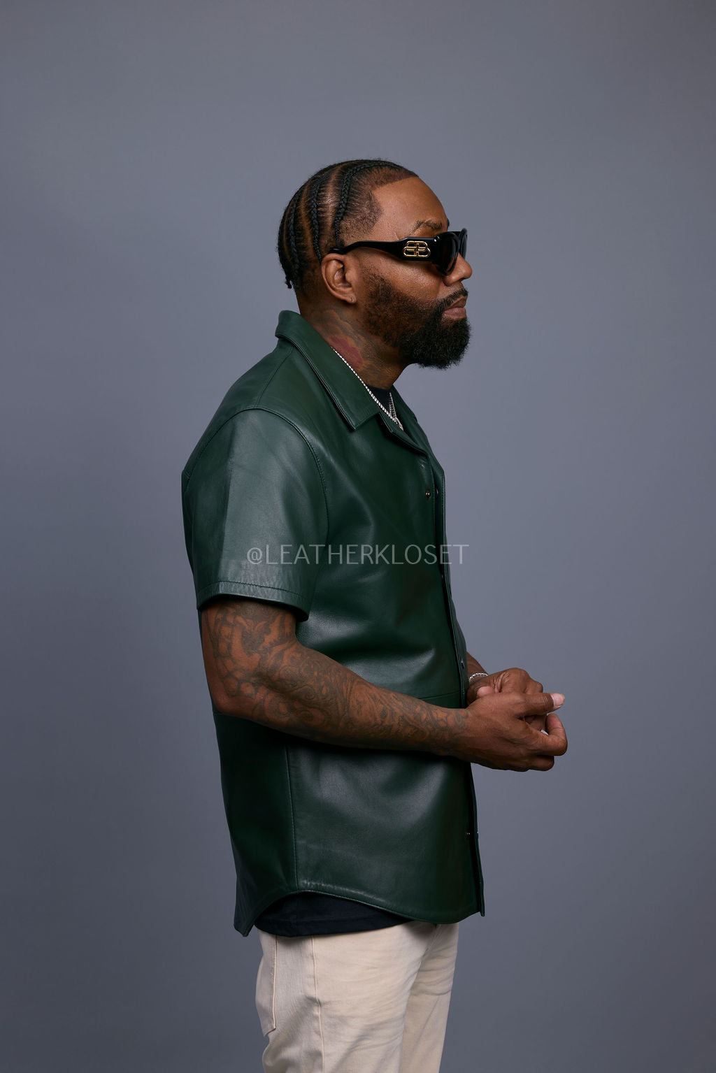 Men's Summer In Miami Luka Leather Short Sleeve Shirt [Forest Green]
