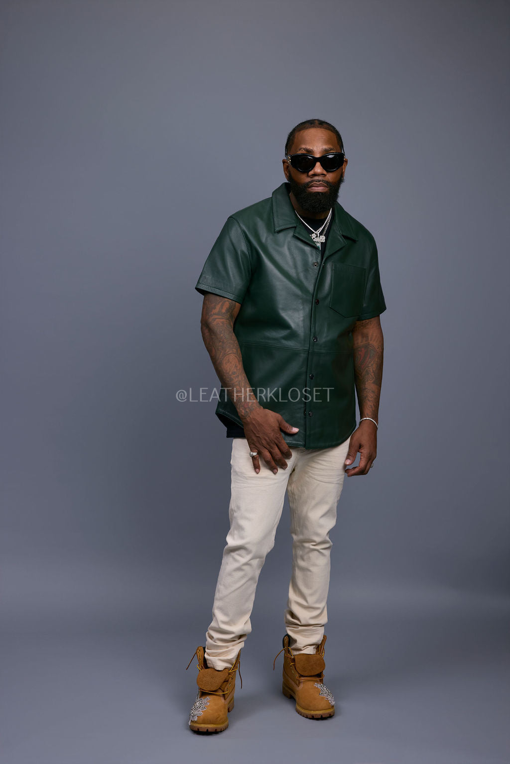 Men's Summer In Miami Luka Leather Short Sleeve Shirt [Forest Green]