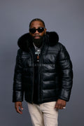 Men’s Alpine Leather Bubble Bomber Jacket [Black/Black]
