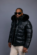 Men’s Alpine Leather Bubble Bomber Jacket [Black/Black]