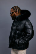 Men’s Alpine Leather Bubble Bomber Jacket [Black/Black]