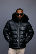 Men’s Alpine Leather Bubble Bomber Jacket [Black/Black]
