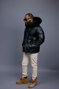 Men’s Alpine Leather Bubble Bomber Jacket [Black/Black]