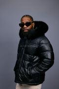 Men’s Alpine Leather Bubble Bomber Jacket [Black/Black]