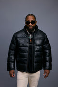 Men’s Alpine Leather Bubble Bomber Jacket [Black/Black]