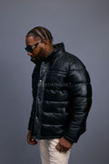 Men’s Alpine Leather Bubble Bomber Jacket [Black/Black]