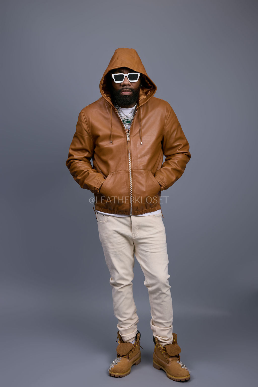Men's Leather Hoodie [Saddle Brown]