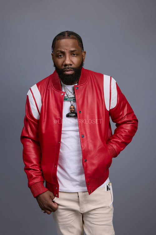 Men's Liam All-Leather Varsity Jacket [Red/White]